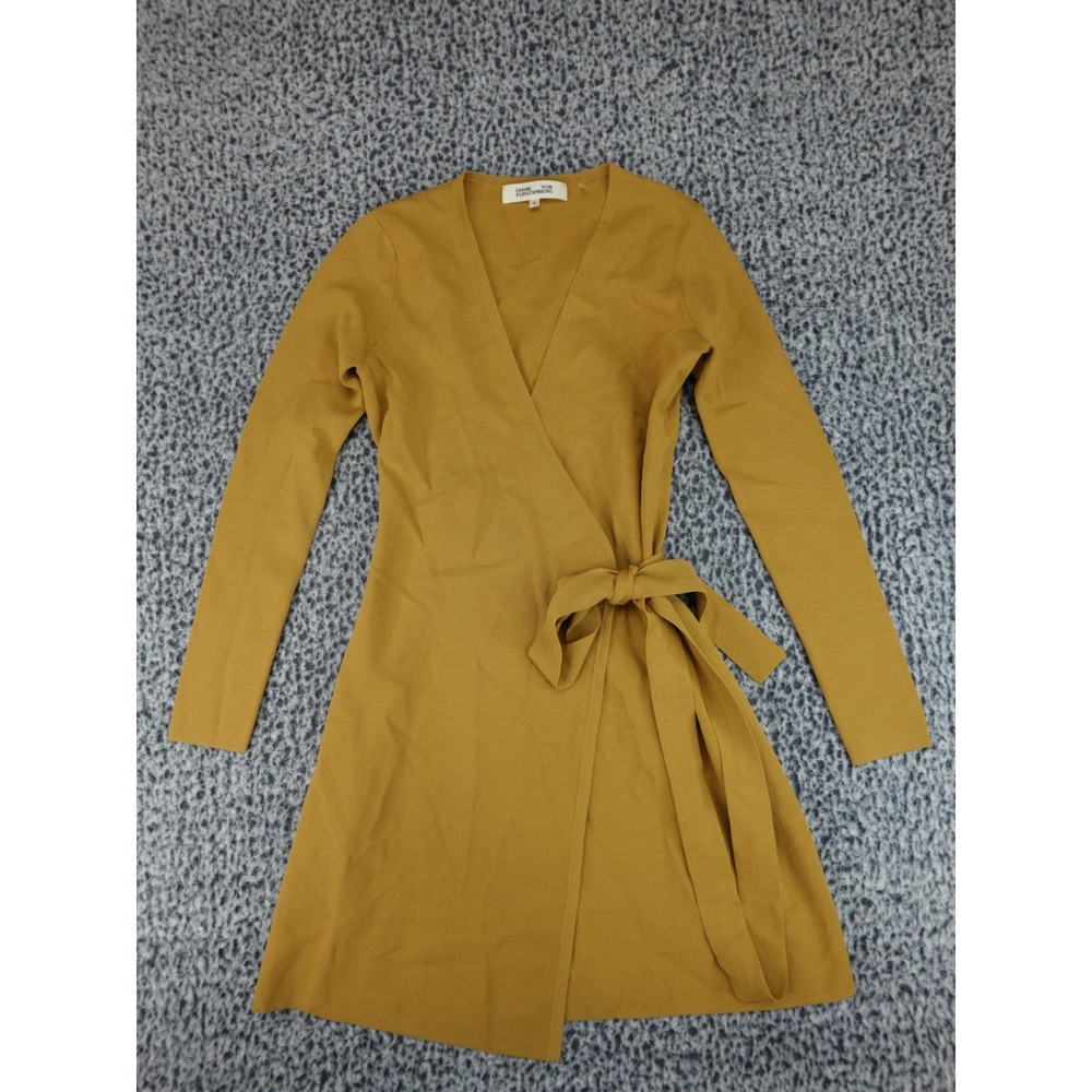 Diane Von Furstenberg Wrap Dress Womens Small Mustard Yellow Long Sleeve V-Neck